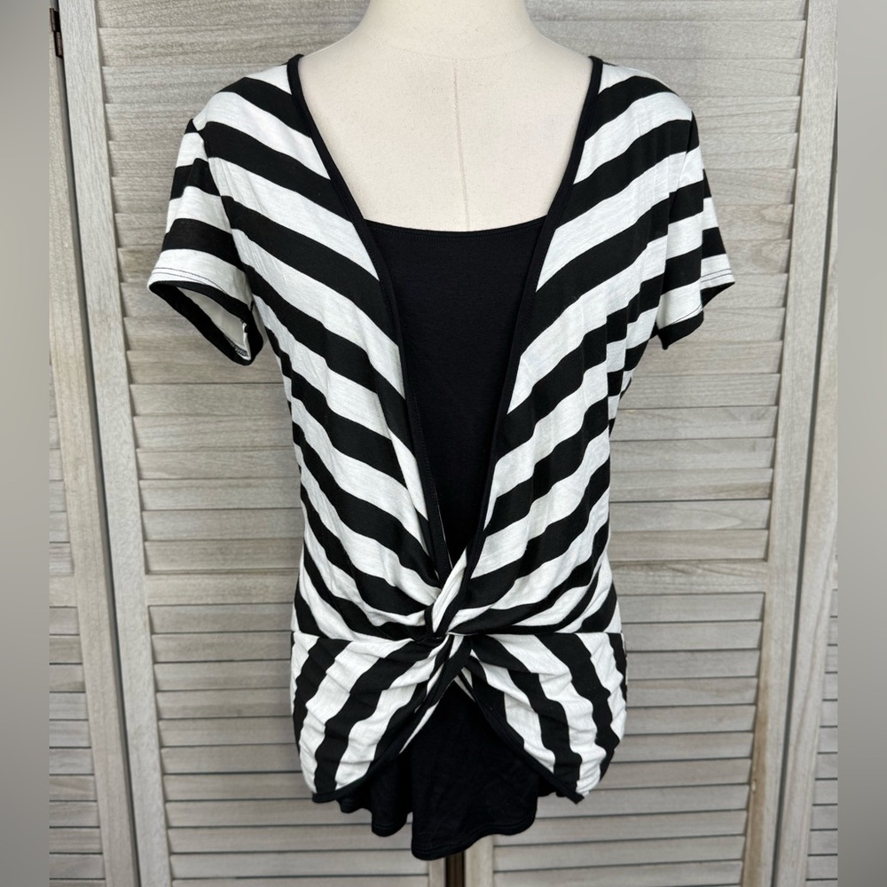 SIMPLY LALA Layered Look Twist Front T-Shirt Black/White Stripes-Medium